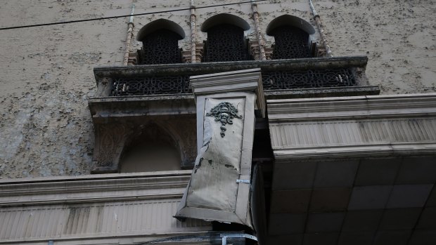 Damage to the facade of The Forum theatre.