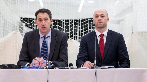 Cricket Australia CEO James Sutherland (left) and Australian Cricketers' Association chief Alistair Nicholson discuss the resolution to the Cricket Australia pay dispute. 