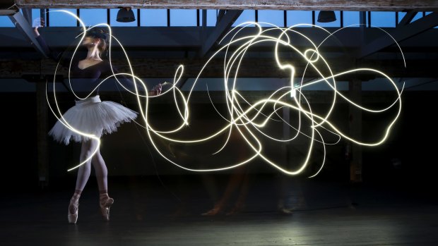 Dancer Sharni Spencer captured in long exposure to simulate the effect of the Google Tilt Brush, which creates 3D artworks in virtual reality. 