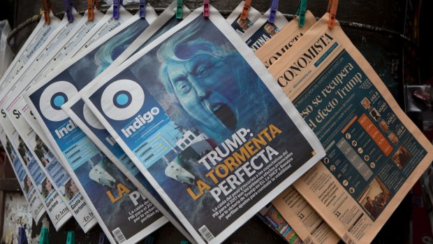 A newspaper headline in Mexico City reads "Trump: The Perfect Storm."