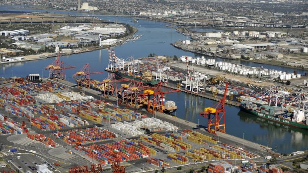 Swanson Dock foreground and Webb Dock background make up The Port of Melbourne Monday. 