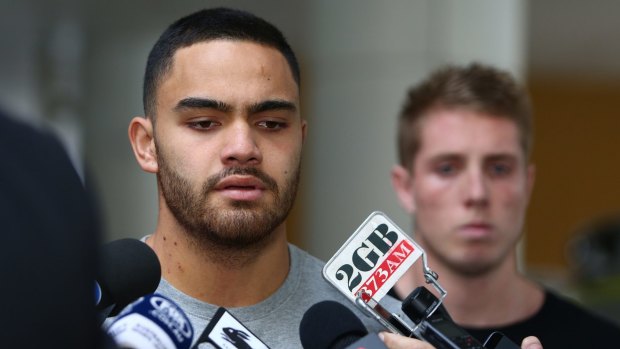 Rabbitohs in the spotlight: Dylan Walker and Aaron Gray speak to the media following their release from St Vincent's Hospital.