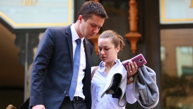 David Latham and Stefanie Jones leave the Downing Centre courts during her case against Jamie Clements in 2015.
