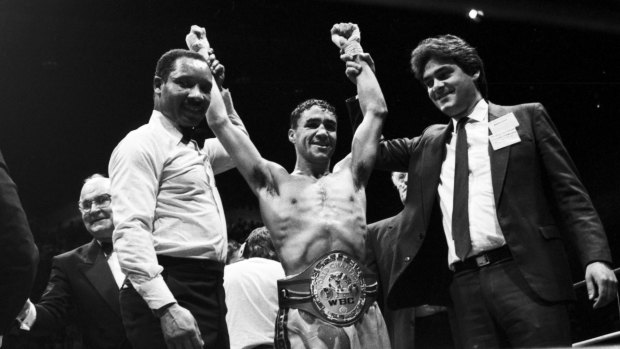 Champ: Jeff Fenech wins a world championship at the Sydney Entertainment Centre, 7 March 1988.
