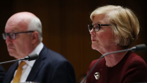 Senator George Brandis and Gillian Triggs during budget estimates at Parliament House, May 2017.