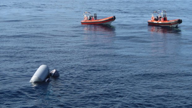 A sunken rubber boat in the Mediterranean Sea off the Libyan coast, during a search and rescue operation by Spanish NGO Proactiva Open Arms last week.