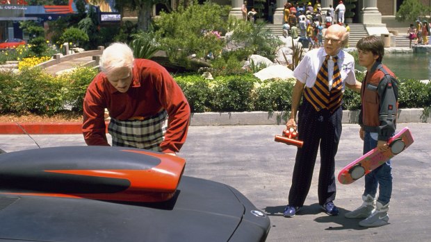 A scene from Back to the Future, Part II, featuring Michael J. Fox, right, complete with hoverboard. 