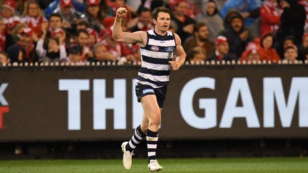 Leading light: Patrick Dangerfield excelled in an unfamiliar role up forward for the Cats with a four-goal first half.