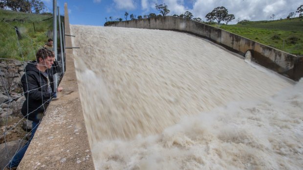 Water rushes over the spillway at Lake Eppalock.