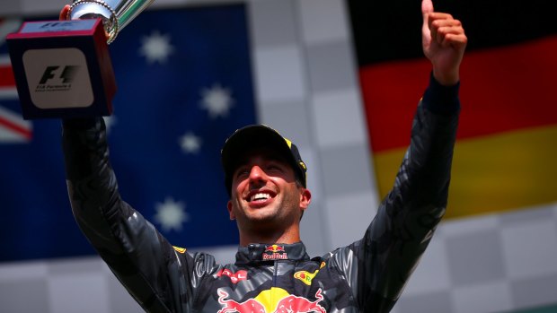 Daniel Ricciardo celebrates on the podium during the Formula One Grand Prix of Belgium.