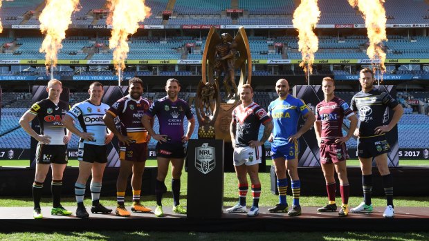 Team captains pose at the NRL finals series launch at ANZ Stadium.