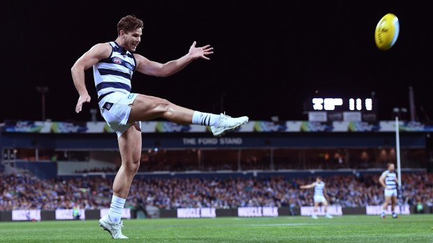 Snappy Tom: Key forward Hawkins was back to his best for the Cats against GWS in round 23.