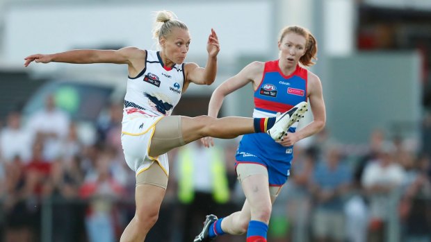 Big kick: Erin Phillips of the Crows shows her style against the Western Bulldogs earlier this month.