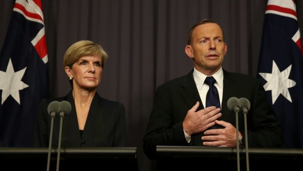 Foreign Affairs Minister Julie Bishop and Prime Minister Tony Abbott address the media after the executions of Andrew Chan and Myuran Sukumaran. 