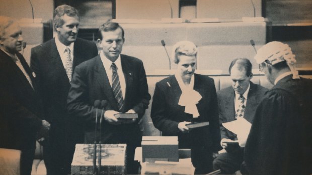 Bronwyn Bishop is sworn in at the House of Representatives, alongside Tony Abbott, in 1994.