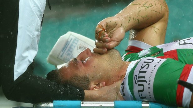 Out for round 4: Sam Burgess is stretchered off the field after being injured against St George Illawarra.