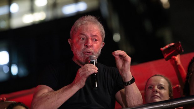 Luiz Inacio Lula da Silva, Brazil's former president, speaks during a protest against the appeals court's decision in Sao Paulo, Brazil, on Wednesday.