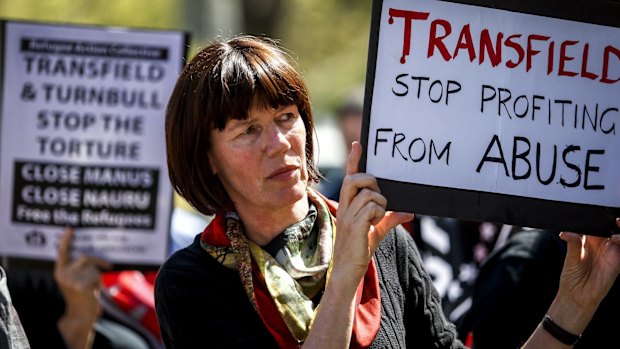 A protester at today's rally against Transfield.