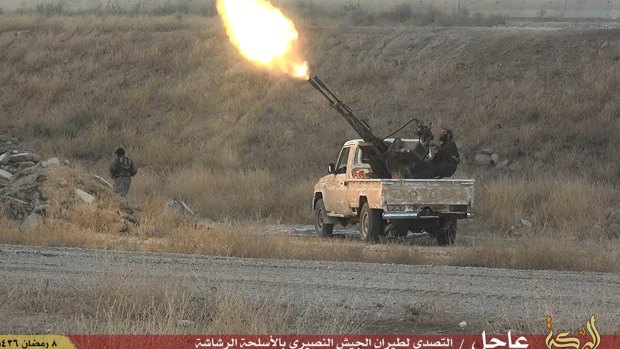 Islamic State fighters fire at Syrian regime planes in June of this year.