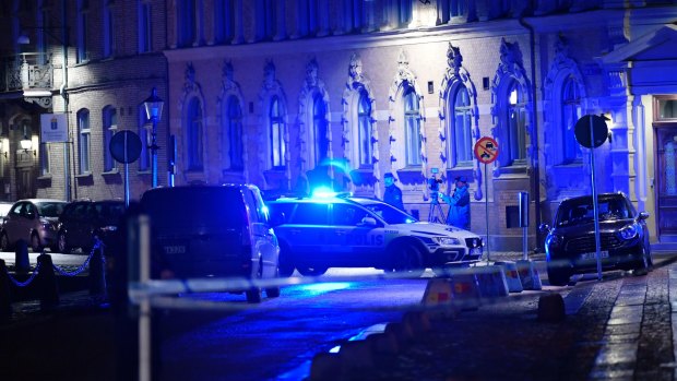 The site where a synagogue was attacked in Gothenburg, Sweden, late on Saturday.