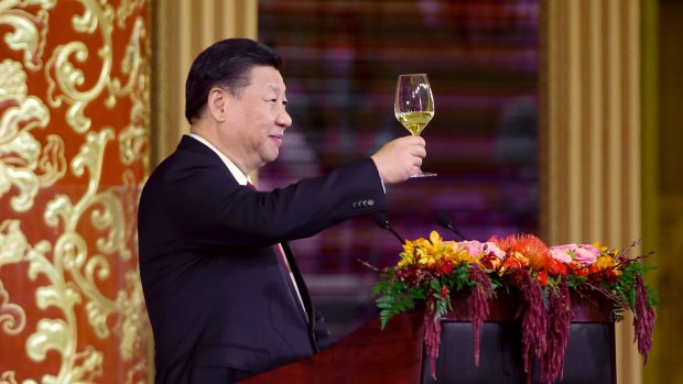 China's President Xi Jinping delivers a toast at a state dinner at the Great Hall of the People in Beijing, China.