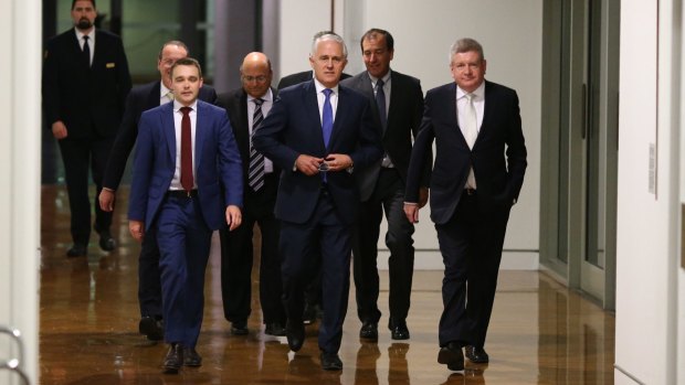 Malcolm Turnbull arrives for the leadership ballot at the party room in Parliament House in Canberra on Monday.