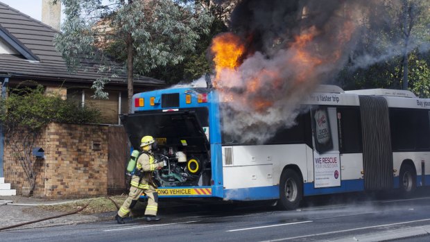 Significant delays: The L90 bus travelling south-bound caught alight on Military Road in Mosman.