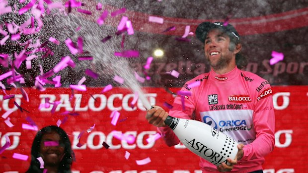 Pretty in pink: Michael Matthews celebrates the overall lead of the Giro d'Italia after stage seven in 2014.