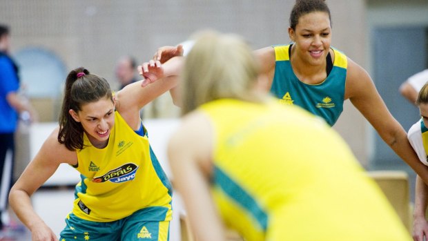 Marianna Tolo and Liz Cambage during an Opals training session at the Australian Institute of Sport in 2014.
Photo Jay Cronan