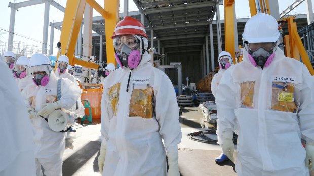 Japanese Industry Minister Yuko Obuchi visits the Fukushima Daiichi Nuclear Power Station.