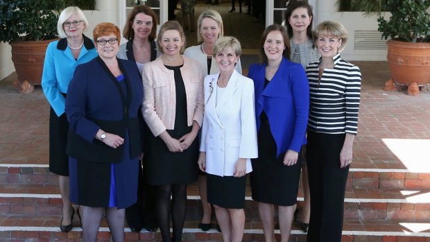No need for Mr Turnbull to make up the numbers: The women in his new ministry in a group picture on the steps of Government House.