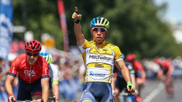 Confidence boost: Caleb Ewan celebrates his win at the Mitchelton Bay Classic at Williamstown.