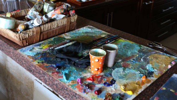 The kitchen bench in the Gaza apartment of Palestinian artists Maha al-Daya and Ayman Eissa.