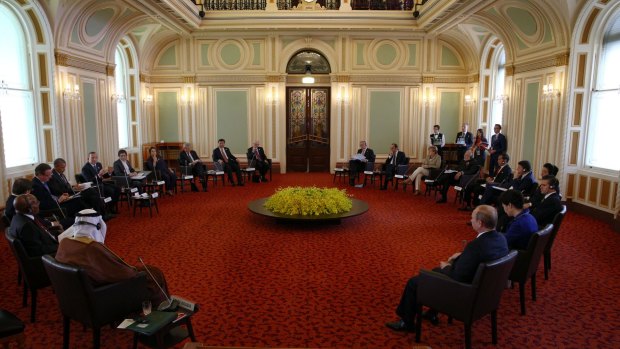 Queensland Parliament's Red Chamber, which was built to house the Legislative Council, is only used for ceremonies and events, such as this meeting of world leaders during the 2014 G20 summit.