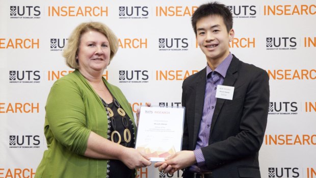 Design student Musashi Wakaki with UTS: INSEARCH Associate Dean of Studies, Sally Payne. 