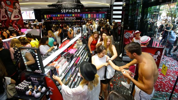 Crowds inside the store at the opening of Sephora in Pitt St Mall. Cosmetics stores are in hot demand as tenants.