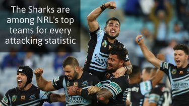 It's all going up, up for Cronulla: Sharks players celebrate their dramatic win over Canterbury.