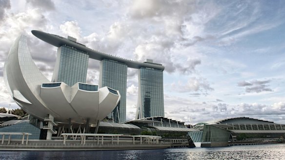 A view of the Marina Bay Sands in Singapore. Marina Bay Sands is an integrated resort fronting Marina Bay in Singapore. It is billed as the world's most expensive standalone casino property at 6 billion dollars.