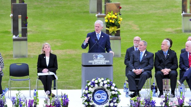 Former US President Bill Clinton addresses the crowd during a ceremony to mark the 20th anniversary of the Oklahoma City bombing.
