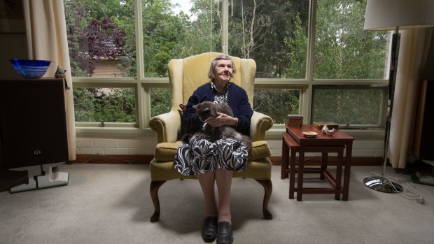 Winifred Hirst, 92, and her cat Lexi. Mrs Hirst has lived in her four-bedroom home in Melbourne's east for 56 years. 
