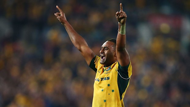 Tevita Kuridrani of the Wallabies celebrates victory.