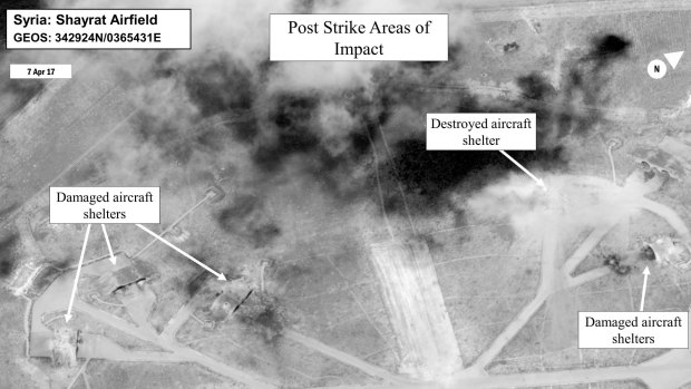 This satellite image shows a damage assessment image of Shayrat air base in Syria.