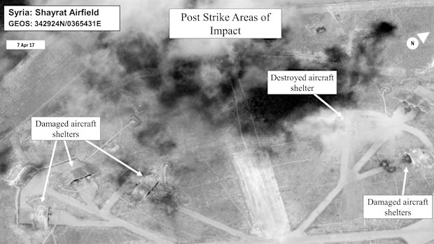 This satellite image shows a damage assessment image of Shayrat air base in Syria.