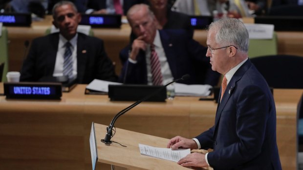 Prime Minister Malcolm Turnbull speaks as US President Barack Obama and Vice-President Joe Biden listen at the Leader's Refugee Summit on Tuesday.