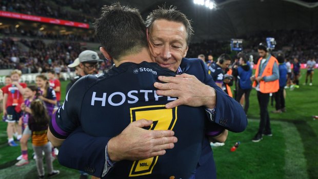 Thanks for the memories: Storm coach Craig Bellamy (right) and Cooper Cronk share a moment after the preliminary final victory over Brisbane.