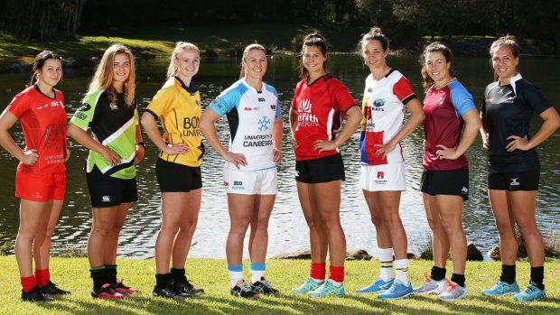 New ground: Players gather for the launch of the Women's University Sevens Series at Macquarie University. 