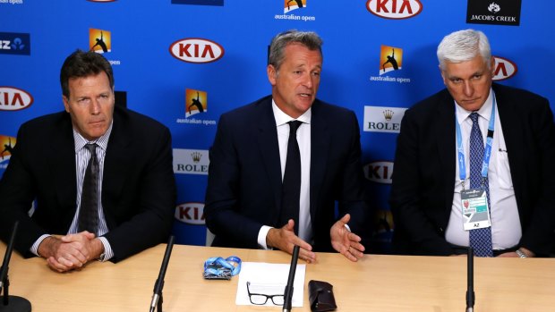 ATP chairman Chris Kermode, centre, speaks during a press conference at the Australian Open on Monday.