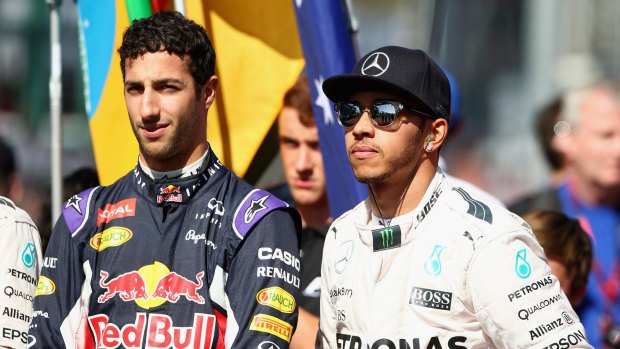 Rivals: Ricciardo and Hamilton stand on the grid at Albert Park.