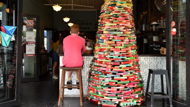 A book Christmas tree in Ampersand Cafe Bookstore in Paddington.