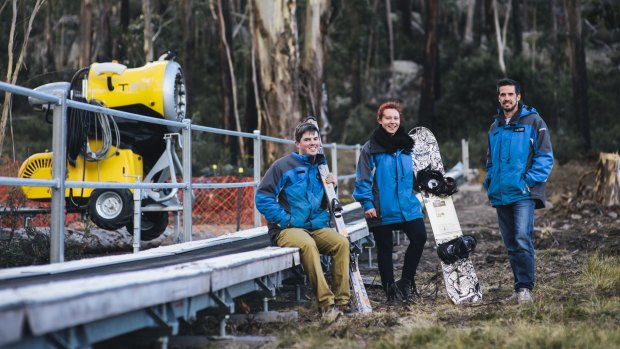 Dane Liepins, Emma Fish and Andrew Snell on the ski slope at Corin Forest. 

27 May 2016
Photo by Rohan Thomson
The Canberra Times
